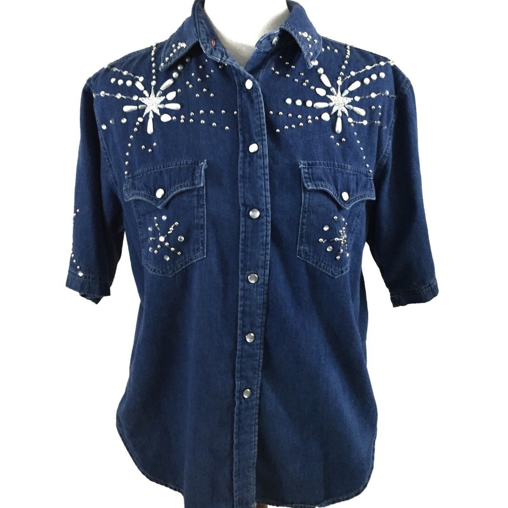 Banana Republic Denim Sequined Top Blue Medium